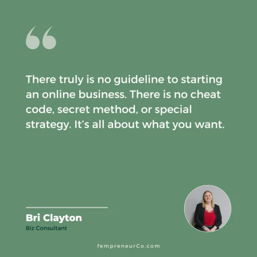 Quote from Bri Clayton on a green background from the $10k Months FOMO article on FempreneurCollective.com